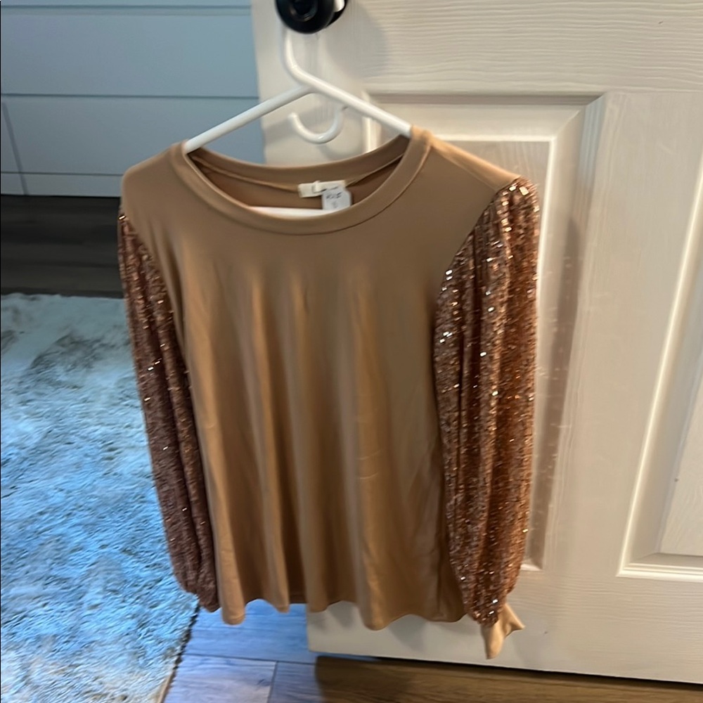 Elegant Tan Sequin Long Sleeve Blouse